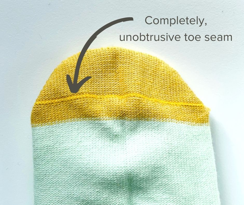 yellow and green sock with no toe seam